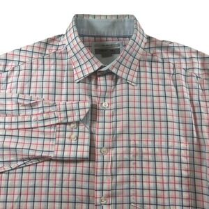 Johnston & Murphy Mens L Tailored Fit Plaid Button Down Shirt Blue Red Business